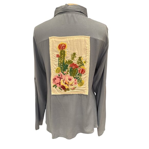 Andrée By Unit Womens Button-Up Shirt With Floral Embroidered Back Patch Long Sl - Picture 3 of 9